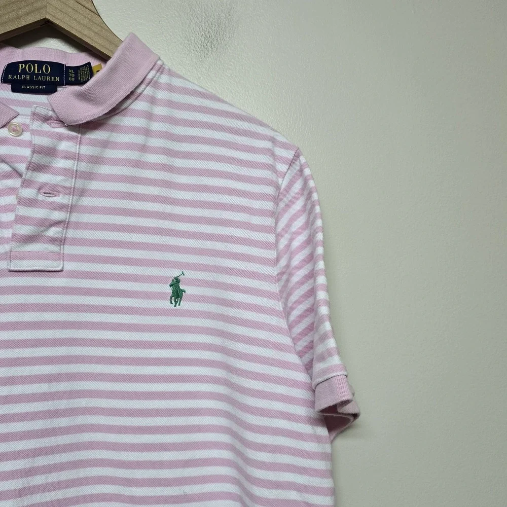 Polo Ralph Lauren‎ Classic Fit Pink White Stripe Polo Shirt Men's XL Cotton